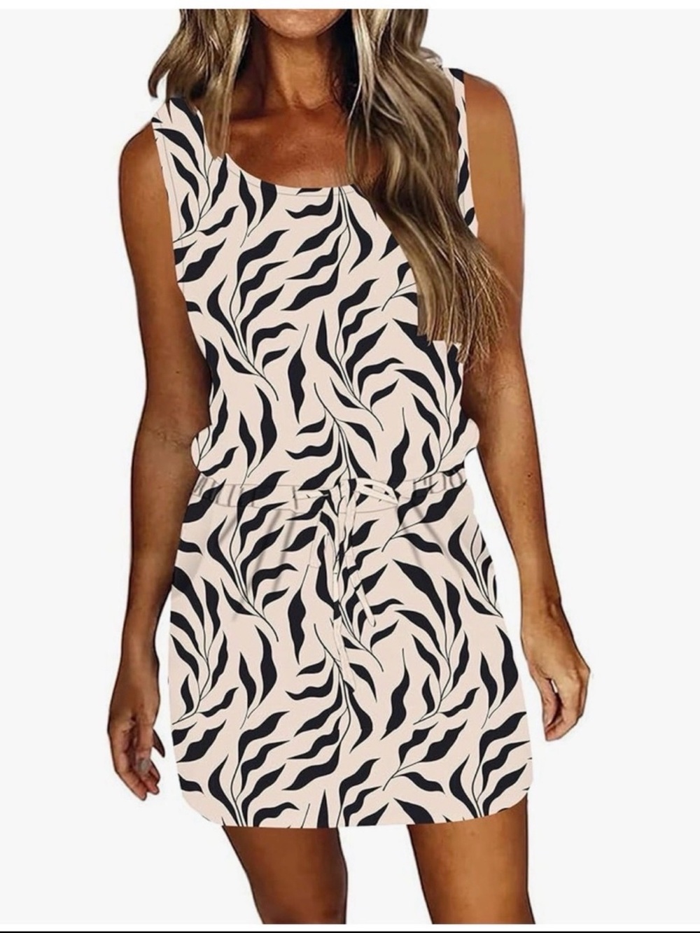 Sleeveless Zebra-Print Drawstring Mini Dress
